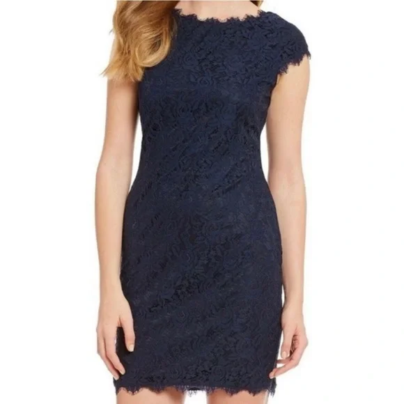 Petite Women's Eliza J Cap Sleeve Lace Sheath Dress, Size 4P - Blue
